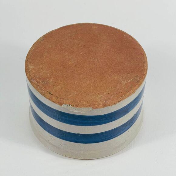 Vintage Rustic Butter Crock Blue Striped Small Stoneware Container - Picture 2 of 5